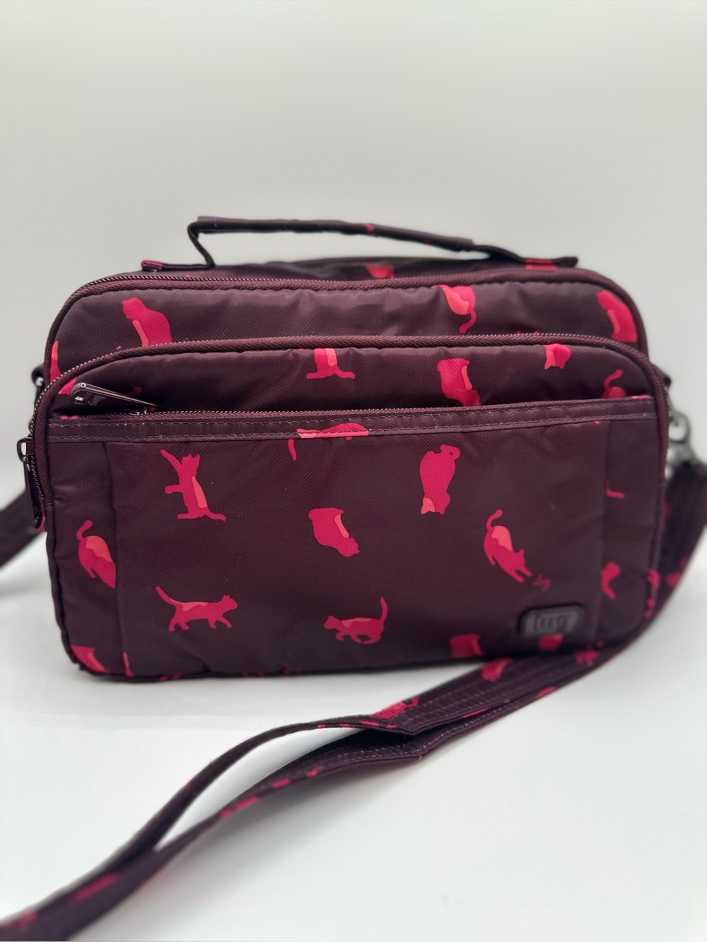 Lug Scoop Crossbody Bag Burgundy Purple Pink Cats Orchid Print